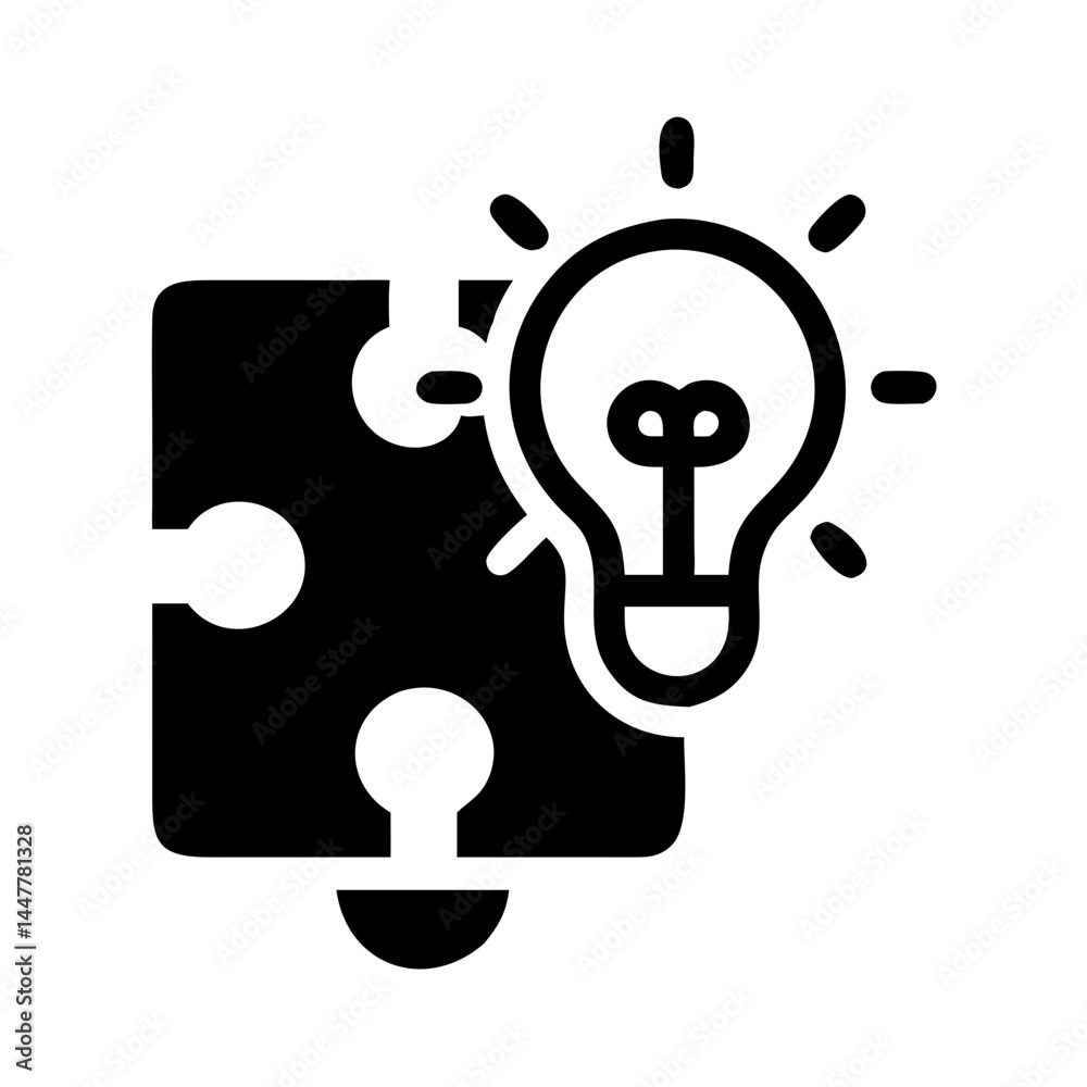 Poster puzzle piece with lightbulb idea symbol icon representing creativity and problem-solving