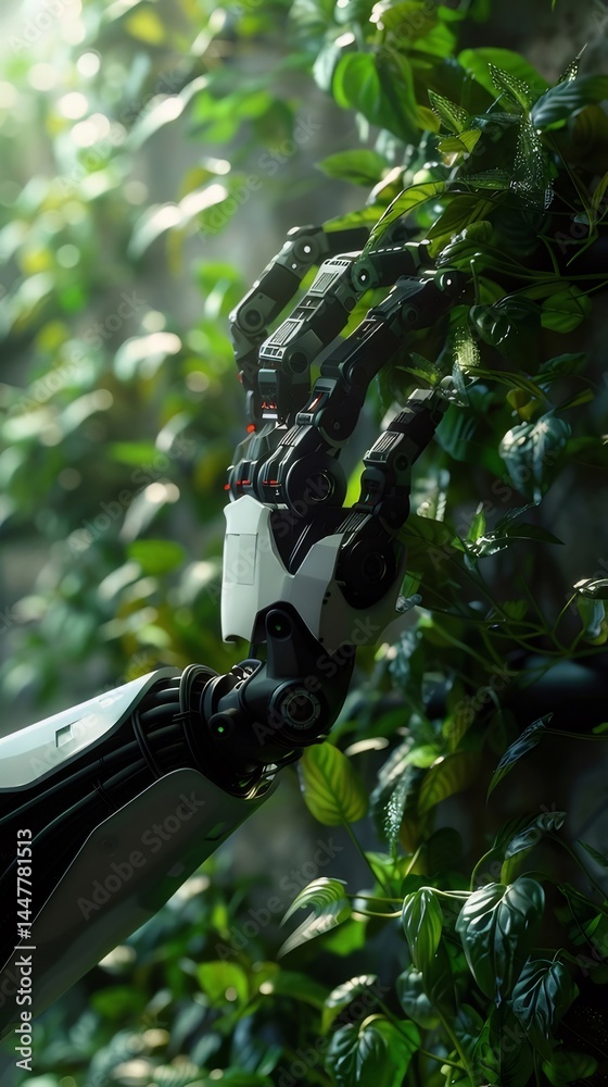 Poster 機械的なロボットアームが緑豊かな葉に触れる近接ショット 鮮やかな緑と金属製の構造 光と影のドラマチックな演出 未来的な技術と自然の融合