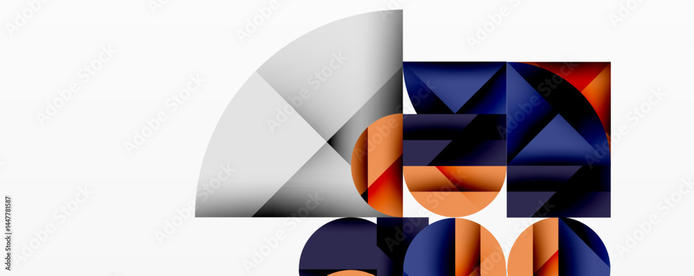 Poster Abstract geometric composition. Shapes overlap, creating dynamic visual interest. Colors include blue, orange, gray. Minimalist design.