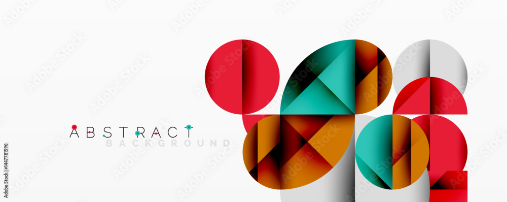 Poster colorful geometric shapes overlap creating modern abstract background. red, teal, orange, gray tones