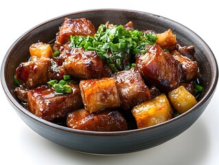 A delicious bowl of savory braised pork belly cubes with pine chunks and fresh green onions is presented on a white background.