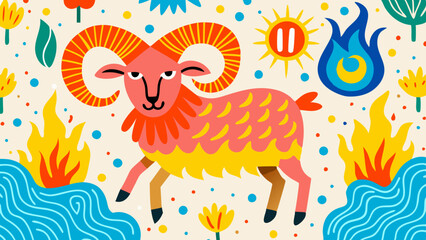Fototapeta premium Colorful Zodiac Sign of Aries Illustrated with Fun Elements 