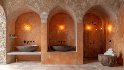 Elegant spa bathroom with arched niches, warm terracotta walls, and modern stone sinks, creating a serene and luxurious atmosphere for relaxation.