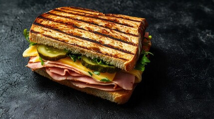 Pressed Cuban sandwich ham roast pork Swiss cheese pickles mustard black textured surface USA Miami fusion food golden crisp bread warm tones moody food styling cut out isolated transparent background