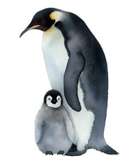 Watercolor painting of adult penguin with chick on transparent background.