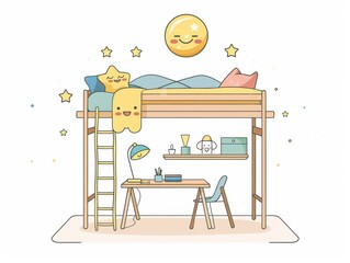 Fototapeta premium Simple bunk bed illustration with desk area, stars, smiling moon mobile, clean white background and noise details.