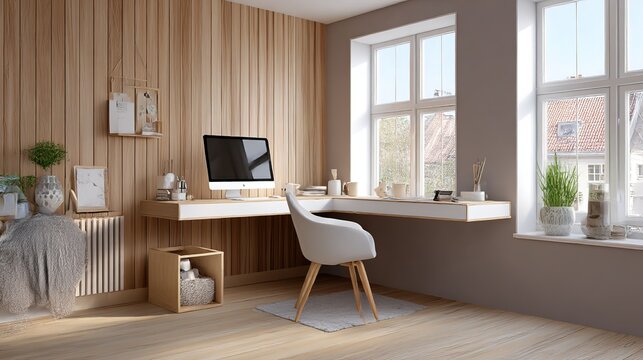 Minimalist home office with wooden wall and natural light, embodying modern simplicity and productivity.
