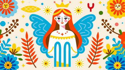 Fototapeta premium Zodiac Sign Illustration of a Colorful Angel Among Flowers 