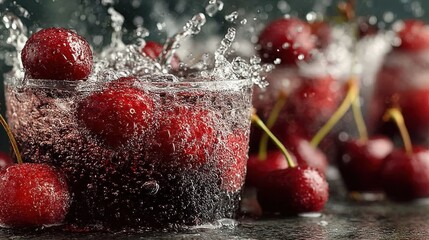 Refreshing Cherry Drink with Splashing Water and Bubbles for Summer Beverages