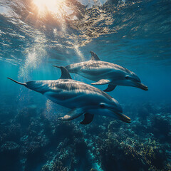 Obraz premium A peaceful underwater shot of a group of dolphins swimming in the open ocean