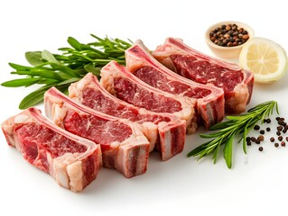 Five succulent raw lamb chops arranged with fresh rosemary sprigs peppercorns and lemon slices on white background.