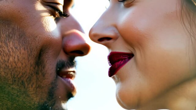 Close-up static video of a bronzed man in burgundy and a pale woman in pink kissing tenderly, lips with a silky cherry finish, soft natural light. Concept of romance and cosmetics