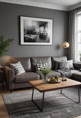 Brown couch, wooden dining table, black & white photos, grey walls  Chic living space ,  sleek,  brown