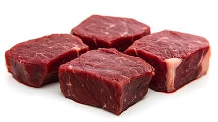 Fototapeta premium Four raw beef steaks arranged on a white background ready for cooking preparation and consumption.