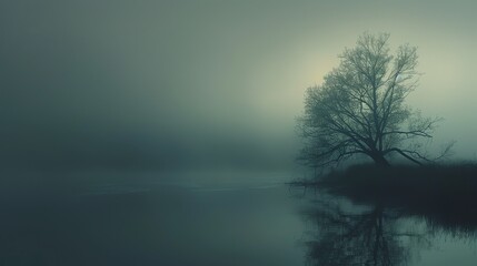The image is a dark and moody landscape. A large tree stands in the foreground, its branches reaching out towards the sky.