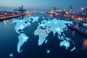 Global data visualization of world map over port cityscape at night digital connectivity concept