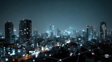 Nighttime Cityscape with Digital Network Overlay