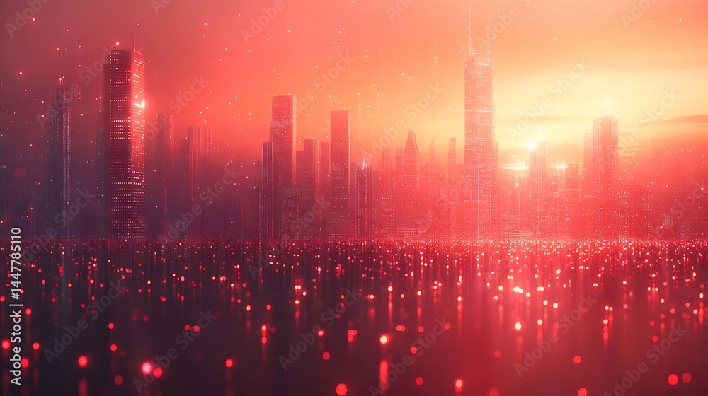 Aufkleber 赤い光の中で輝く未来都市のシルエット 夕焼け時の高層ビル群を背景としたデジタルアート