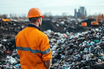 Worker observes landfill site while wearing safety gear during daylight hours in an industrial area