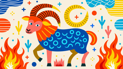 Obraz premium Colorful zodiac sign illustration of Aries surrounded by playful elements 