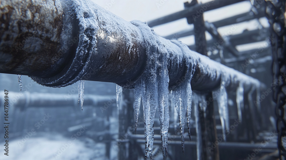 Poster close-up of frost-covered pipe with icicles, showcasing winter texture and cold weather conditions, 