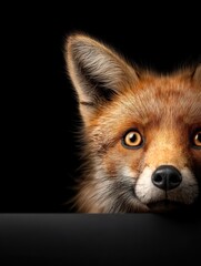 Fototapeta premium Close-up of a curious fox peering over a surface with striking eyes and detailed fur in low-light conditions