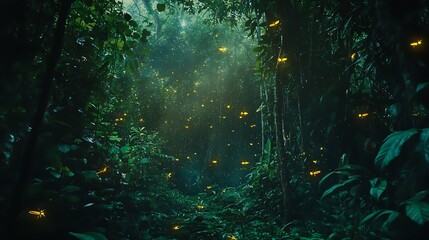 "Lush Green Rainforest Landscape with Dense Foliage and Tropical Vegetation"