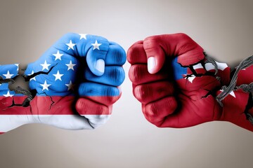 Fists with painted flags representing rivalry between nations highlight tensions and conflicts during political unrest
