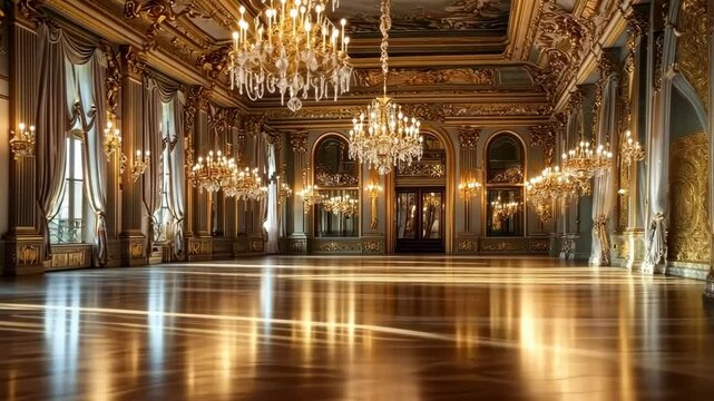 Golden light streaming through grand historic ballroom with elegant chandeliers