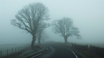 Obraz premium The road is shrouded in a thick fog, making it difficult to see more than a few feet ahead.