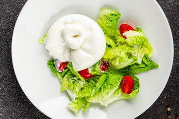 Burrata cheese salad buffalo milk cheese salad dish fresh delicious gourmet food background on the table rustic food top view copy space keto and paleo diet vegetarian