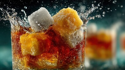 Refreshing cocktail with ice cubes splashing in a glass, close up shot