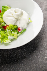 Burrata cheese salad buffalo milk cheese salad dish fresh delicious gourmet food background on the table rustic food top view copy space keto and paleo diet vegetarian