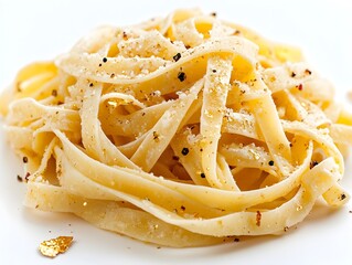 Delicious plate of fresh pasta with parmesan cheese, black pepper, and edible gold flakes is ready to be served.