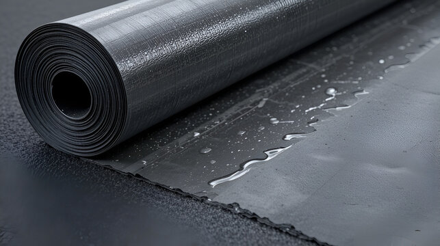 Closeup of a roll of synthetic roofing underlayment, illustrating waterproofing.