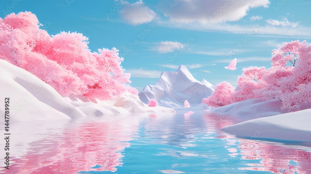 Poster 春の桜並木と雪山と水面の鮮やかな風景画 水面に映るピンク色の桜と青い空と鳥のコントラスト