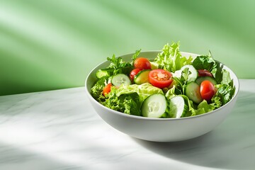 salad of fresh healthy organic greens with lettuce cucumber tomato and cherry tomatoes in a vibrant vegan bowl