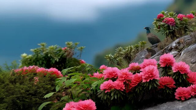 Himalayan monal perched on a mossy rock surrounded by blooming rhododendrons in a lush mountain habitat.