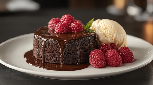 Chocolate cake with raspberries and ice cream on a white plate.