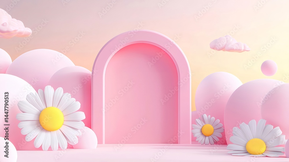 Aufkleber ピンク色の背景に白いデイジーの花とピンクのアーチと雲の装飾 3dレンダリング