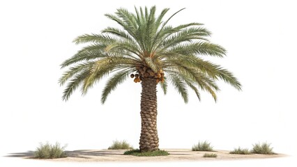 "A date palm tree native to Sindh, tall with wide leaves and coconuts, isolated PNG with a white background"


