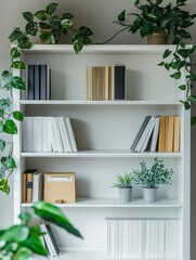 Fototapeta premium A white bookshelf with a variety of books and potted plants. The books are arranged in rows and the potted plants are placed on the shelves