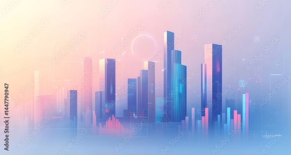 Poster 水彩画風都市デザイン パステルカラーのビル群と幻想的な背景 夜明けの光と未来的な雰囲気
