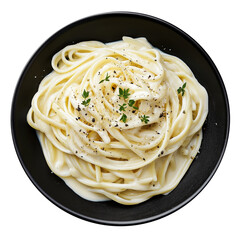 Freshly made alfredo pasta top view. Delicious white sauce alfredo with basil pasta in black plate, top view. isolated on white background.