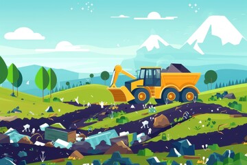 Flat-style sustainable landfill management organized in layers with geometric terrain showing clean process and efficient design elements.