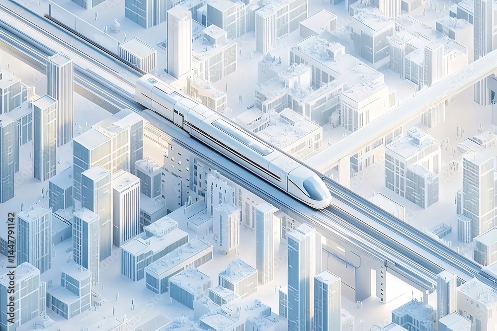 Poster 白い高架鉄道と都市のミニチュアモデル 空中視点から見た幾何学的都市景観の未来的なデザイン