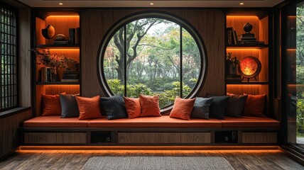 Fototapeta premium Cozy modern living space featuring a circular window, warm orange accents, and plush cushions, perfect for relaxation and stylish interior design inspiration.