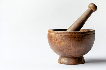 studio photo of old wooden mortar and pastry, handmade on white background