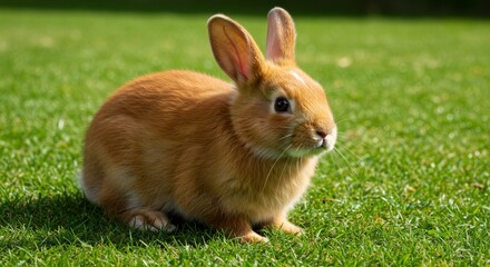 Fototapeta premium Adorable Orange Bunny in Green Grass - A cute orange bunny rabbit sits in a lush green grass field, enjoying the sunshine. Perfect for spring or Easter themes