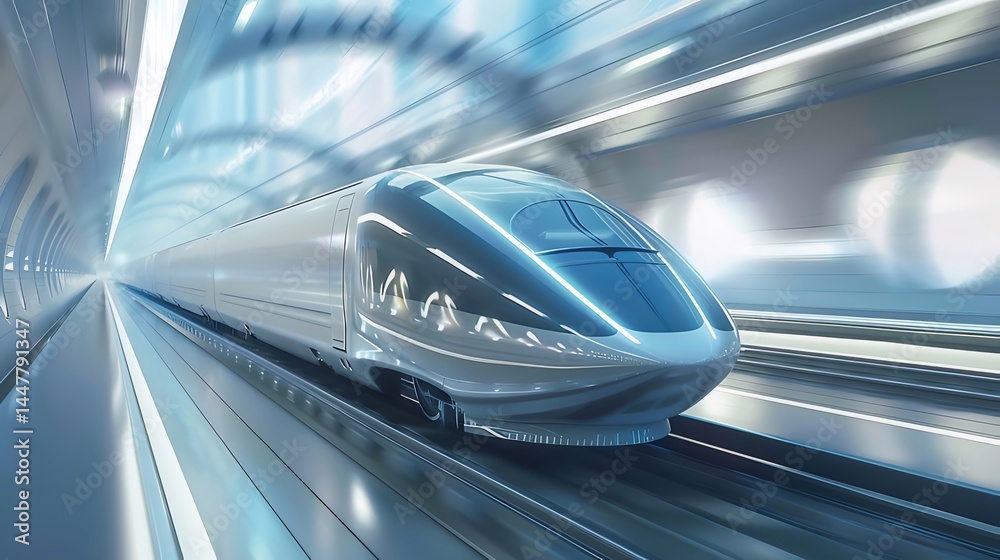 Aufkleber 高速走行する未来的な電車 青い光の中で輝く金属製の車両がトンネルを駆け抜ける 輸送とテクノロジーのイメージ